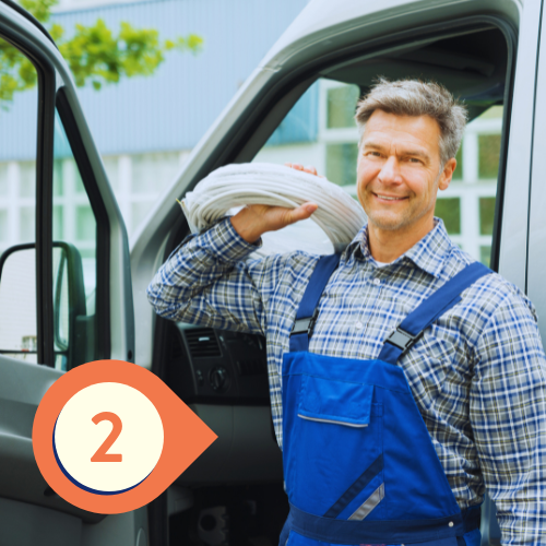 a person in overalls standing in front of a van