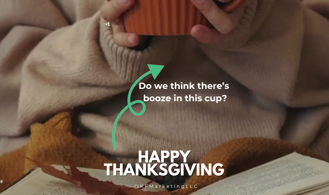 Person in a sweater holding a cup. Text overlay says 