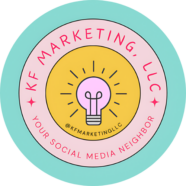 Logo for KF Marketing with teal, pink, and orange circles and a lightbulb in the middle.